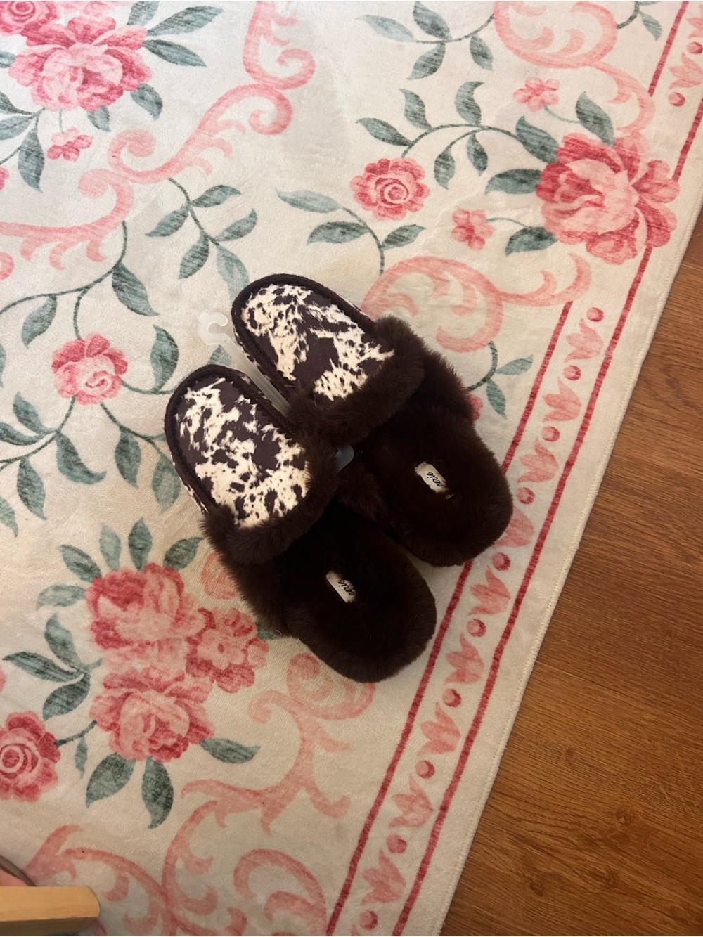 aerie Brown Faux Fur Slip-On Slippers with Cream Cow-Print